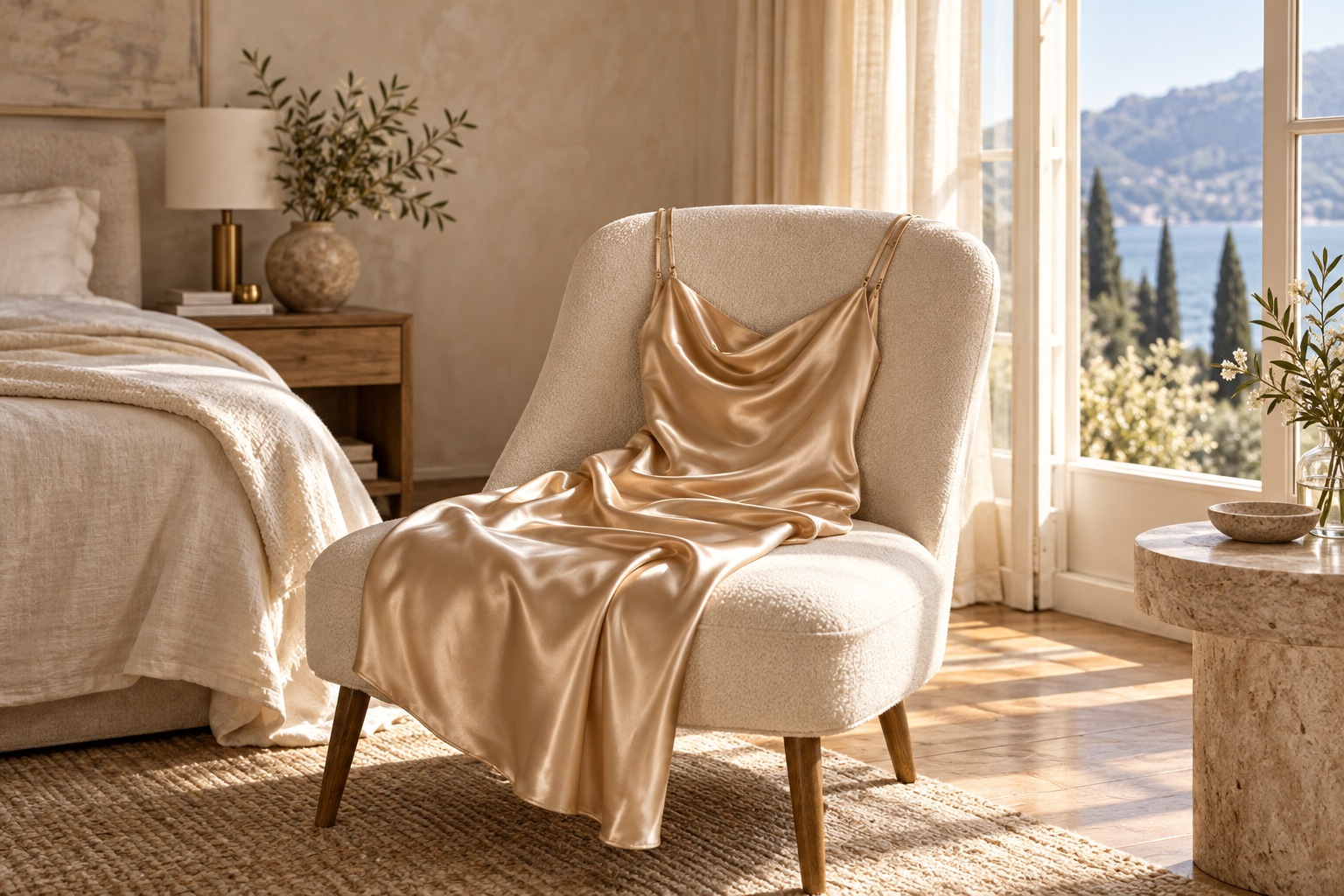 Champagne silk dress draped on a chair beside a softly lit window